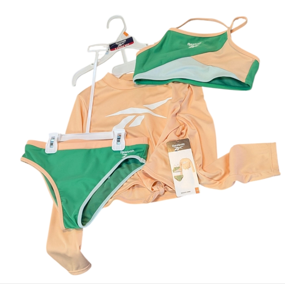 Reebok, Green And Peach Color Block Three-piece Swim Set. Size 10